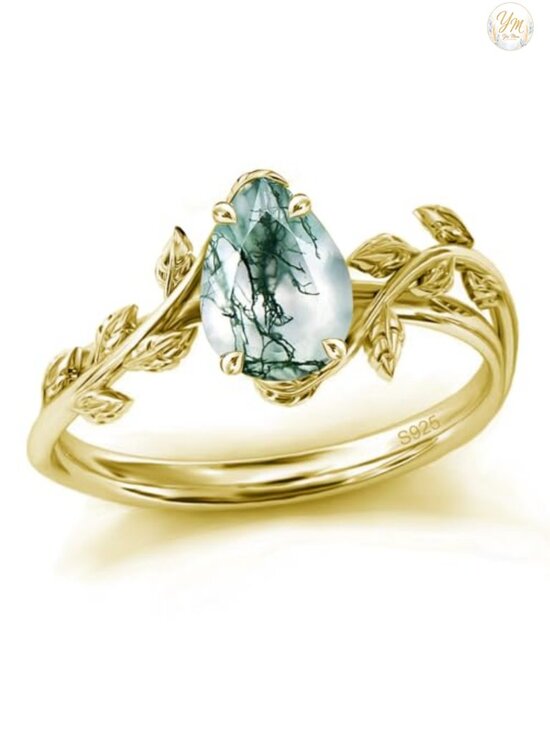 Jewelry - Moss Agate Sterling Silver Engagement Ring Pear Solitaire Size 7